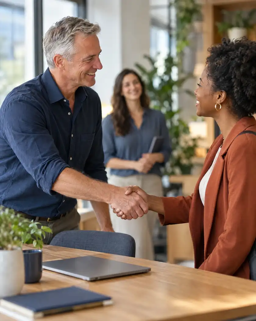 A business owner shaking hands with a new hire in an office