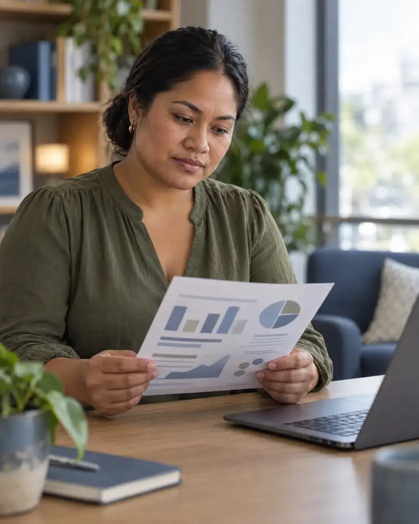 A recruiter at her desk studying a printed candidate profile report