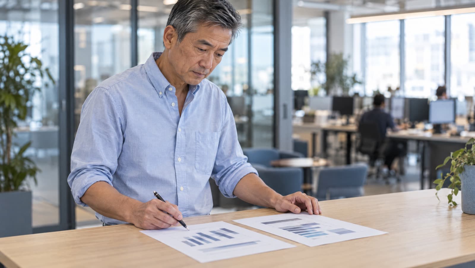 A man at a work table comparing two printed profile sheets side by side